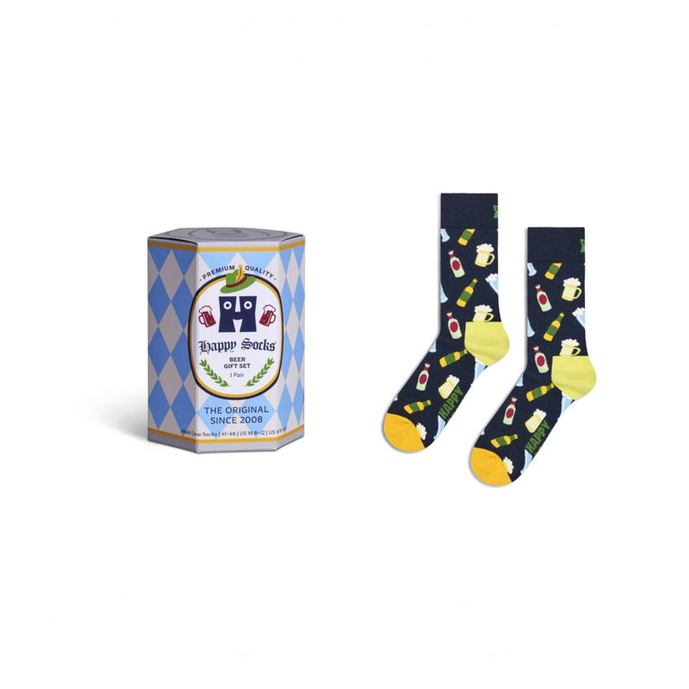 Happy Socks Tagessocke Crew Beer (Bier) navyblau/gelb Geschenkbox - 1 Paar